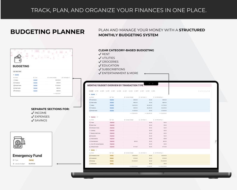 Puede incluir: Una pantalla de port&aacute;til muestra una interfaz de planificador de presupuesto con el texto "Realice un seguimiento, planifique y organice sus finanzas en un solo lugar". La interfaz incluye secciones para ingresos, gastos y ahorros, y una descripci&oacute;n general del presupuesto mensual.