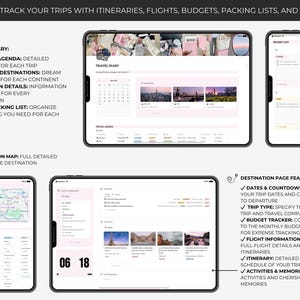 May include: Screenshots of a travel planning app on tablets. The app features a travel diary, bucket destinations, location details, packing lists, and location maps. The app also includes destination page features like dates, countdowns, and budget trackers.