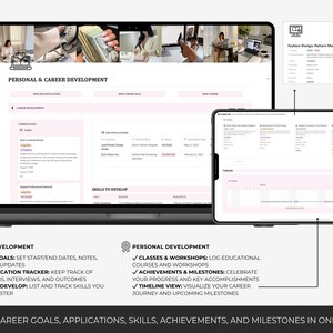 Career development dashboard in Notion planner with job application tracker, career goals section, skill-building list, class planning, and timeline for achievements and milestones.