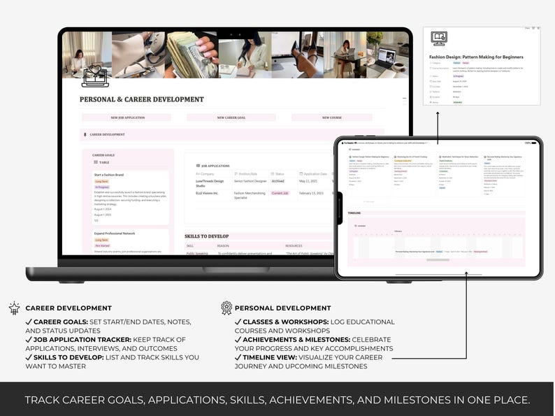 Career development dashboard in Notion planner with job application tracker, career goals section, skill-building list, class planning, and timeline for achievements and milestones.
