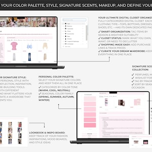 Digital Notion style planner with full closet organizer, signature style finder, personal color analysis, fashion inspiration board, signature perfume and scent tracker, and makeup collection section.