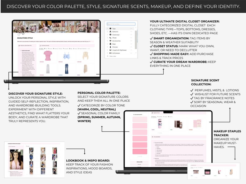 Digital Notion style planner with full closet organizer, signature style finder, personal color analysis, fashion inspiration board, signature perfume and scent tracker, and makeup collection section.