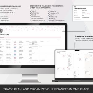 Puede incluir: Un monitor de ordenador y un port&aacute;til muestran un rastreador de transacciones financieras. El monitor muestra una lista detallada de transacciones, mientras que el port&aacute;til muestra una vista de calendario. El texto destaca caracter&iacute;sticas como fuentes de ingresos, registros de gastos y filtros semanales/mensuales. El texto dice: Rastree, planifique y organice sus finanzas en un solo lugar.