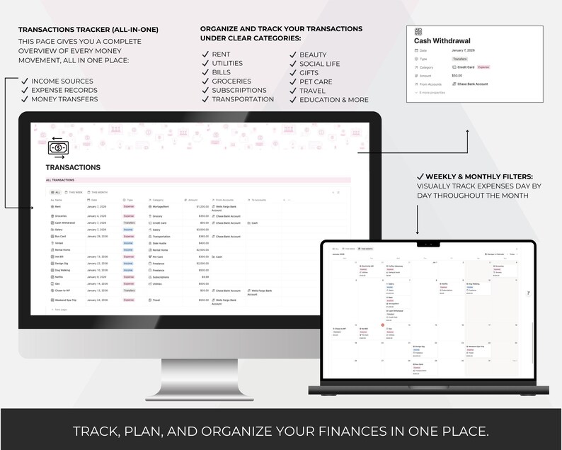 Puede incluir: Un monitor de ordenador y un port&aacute;til muestran un rastreador de transacciones financieras. El monitor muestra una lista detallada de transacciones, mientras que el port&aacute;til muestra una vista de calendario. El texto destaca caracter&iacute;sticas como fuentes de ingresos, registros de gastos y filtros semanales/mensuales. El texto dice: Rastree, planifique y organice sus finanzas en un solo lugar.