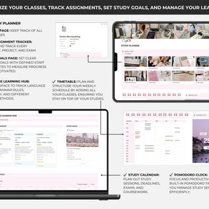 May include: A digital study planner interface displayed on a laptop and tablet. The interface includes features for tracking classes, assignments, study goals, and a language learning hub. A Pomodoro clock is also visible.