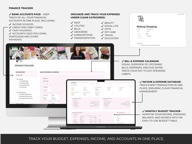 2025 Notion finance tracker with budget planning, income database, bill and expense calendar, and bank accounts overview for personal financial management.