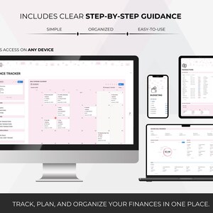 Puede incluir: Un rastreador financiero digital que se muestra en una computadora de escritorio, una computadora port&aacute;til, una tableta y un tel&eacute;fono inteligente. Las pantallas muestran datos financieros, calendarios y herramientas de presupuesto. El texto incluye "Finance Tracker", "Budgeting" y "Track, Plan, and Organize Your Finances in One Place."