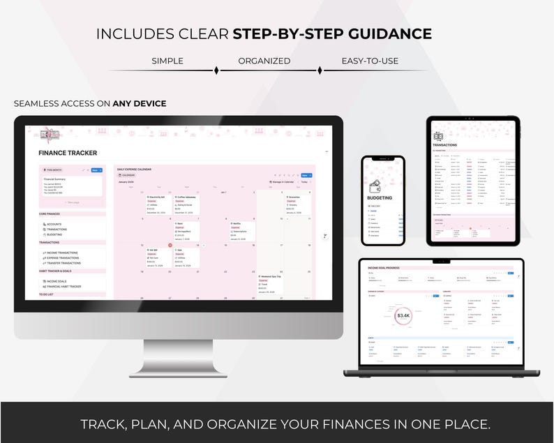 Puede incluir: Un rastreador financiero digital que se muestra en una computadora de escritorio, una computadora port&aacute;til, una tableta y un tel&eacute;fono inteligente. Las pantallas muestran datos financieros, calendarios y herramientas de presupuesto. El texto incluye "Finance Tracker", "Budgeting" y "Track, Plan, and Organize Your Finances in One Place."