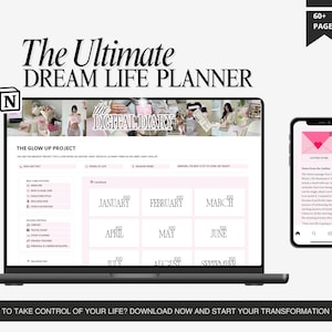 Pink Notion digital planner homepage with aesthetic banner, yearly calendar, and organized menu tabs for self-care and productivity.