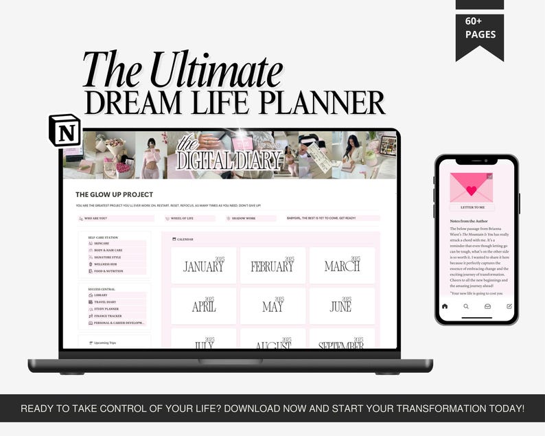 Pink Notion digital planner homepage with aesthetic banner, yearly calendar, and organized menu tabs for self-care and productivity.