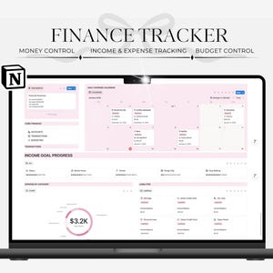 May include: A black laptop screen shows a finance tracker interface with pink and white elements. The screen displays sections for money control, income and expense tracking, and budget control. The interface includes a calendar, expense categories, and income goal progress.