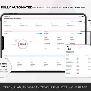 Puede incluir: Una tableta muestra un panel financiero con el texto "FULLY AUTOMATED" y "INCOME GOAL PROGRESS". La pantalla muestra categor&iacute;as de gastos, pasivos y activos. Tambi&eacute;n se ve el texto "REAL-TIME UPDATES" y "TRACK, PLAN, AND ORGANIZE YOUR FINANCES IN ONE PLACE".