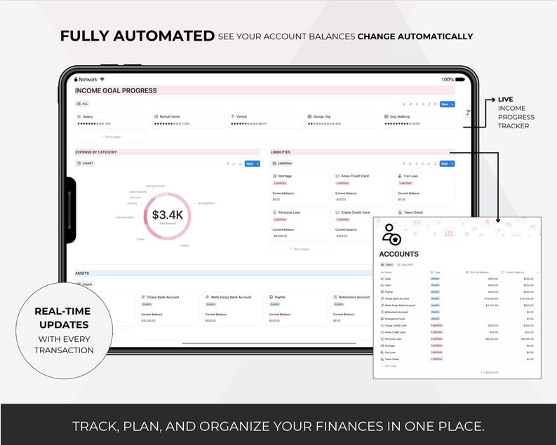 Puede incluir: Una tableta muestra un panel financiero con el texto "FULLY AUTOMATED" y "INCOME GOAL PROGRESS". La pantalla muestra categor&iacute;as de gastos, pasivos y activos. Tambi&eacute;n se ve el texto "REAL-TIME UPDATES" y "TRACK, PLAN, AND ORGANIZE YOUR FINANCES IN ONE PLACE".