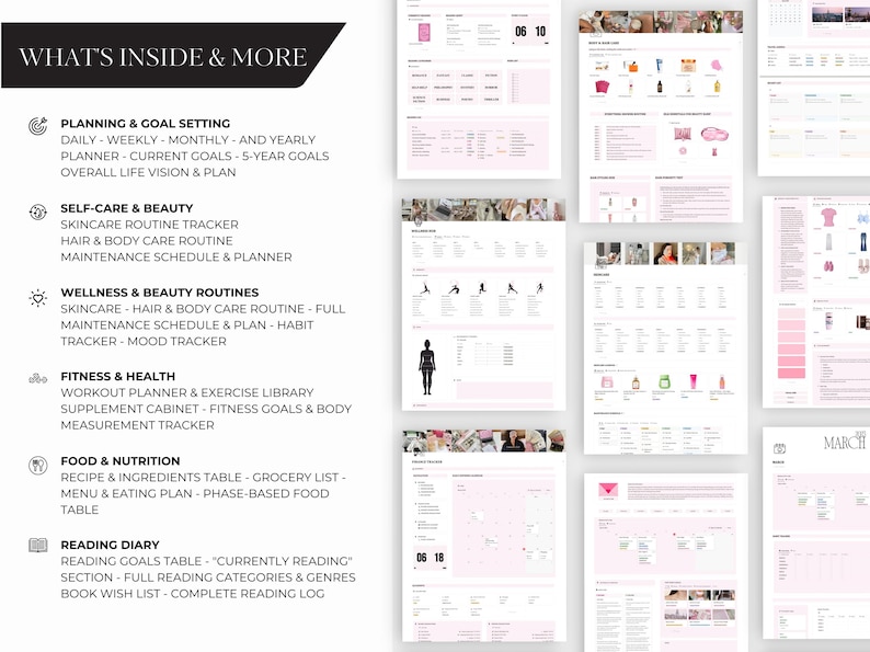 What’s inside the 2025 digital Notion planner: daily, weekly, monthly, and yearly planning tools, goal setting, self-care trackers, wellness routines, fitness and health logs, and beauty routine templates.