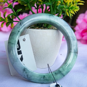 54.9MM Authentic Grade A Burmese Jadeite Jade Bracelet Bangle Light Green with Natural White Marbling 100% Untreated & Hand-Polished