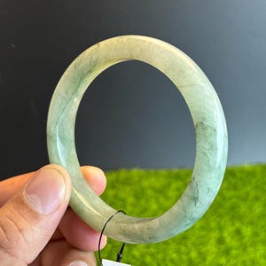 57MMAuthentic Grade A Burmese Jade Bracelet Translucent Forest Green with Gray and Emerald Green Marble Pattern Natural Round Jadeite Bangle