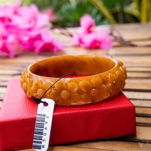 61MM Authentic Burmese Jadeite Jade Bracelet – Hand-Carved Flower Pattern, Natural Gradient from Orange to Honey Yellow | Good Luck Amulet