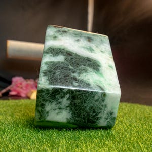 Rare 77MM Authentic Grade A Burmese Jadeite Handmade From rare Raw Stone Showcasing Natural Green and White Tones In a solid Jade block