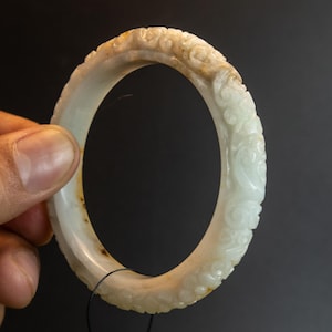 52MM Natural Ice Translucent Burmese Jade Bracelet – Hand-Carved Floral Design in Honey & Milky White – Feng Shui Good Luck Charm