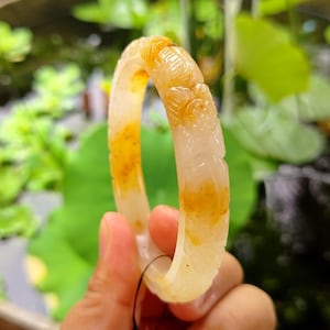 62MM Rare Natural Burmese Jadeite Jade Bracelet Brown-Yellow Round Beads with Lucky Floral Motif for Prosperity Balance and Peace