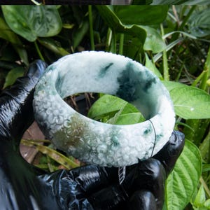 61MM Grade A Burmese Jade Bracelet Bangle Hand-Carved Jasmine Moss in the Snow’ Green White Jadeite | Lucky Charm  Timeless Treasure
