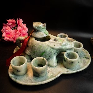 4.8"Natural Burmese Jade Tea Set 5-Cup Teapot with Jade Dragon Turtle | Greenish White & Gray Onyx Feng Shui Décor Lucky Gift Vintage Style