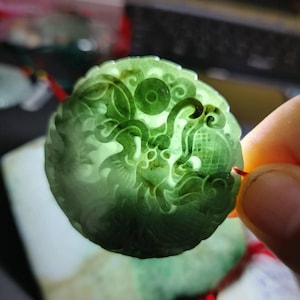 49.7MM Natural Dark Green Jade Dragon Pendant – Hand-Carved Snake Dragon with Crystal Ball for Feng Shui Protection, Success & Good Fortune