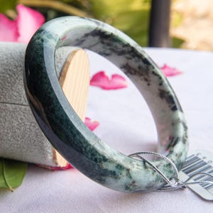 61mm. Genuine Burmese Jade Bracelet, Grade A, dark-light green, Moss Pattern in the Snow | Genuine Jade Pendant, Jadeite Bangle