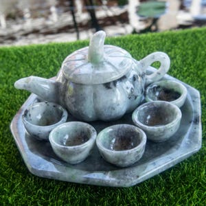 Rare Cute Hand-Carved Green Jadeite Jade Teapot, 5 Teacup Set Symbol of Wealth, Harmony & Longevity Untreated Auspicious Lucky Gift