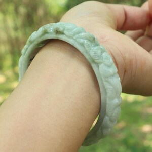 58MMAuthentic Burmese Jadeite Jade Bracelet White Ice Jade Carved with Snow‑Moss Motif Soft Green Milky White Floral Pattern Good‑Luck Charm