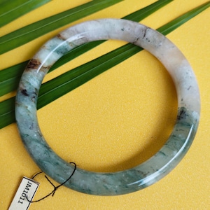 58.2MM Authentic Burmese Grade A Jadeite Jade Bangle – Translucent Forest Green, Grey & Icy White | Natural Marble Pattern Lucky Charm