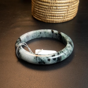 66MM Untreated Burmese Grade A Jadeite Bangle with Marbled Black, Apple Green, and Milky White | Icy Jade Bracelet