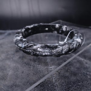 66mm Burmese Jadeite Jade Bangle Bracelet, Black and White Carved Dragon and Phoenix, Bold Statement Jewelry with Grey Accents