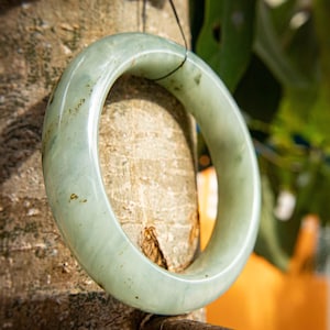53MMGenuine Burmese Jadeite Jade Bangle Grade A Translucent Forest Green Ice Gray & White Mix | Natural Round Marble Pattern Bracelet
