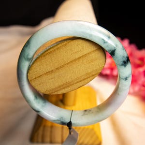 58MMGenuine Burmese Jadeite Jade Bracelet Bangle Grade A Translucent Forest Green Gray & Ice Jade Mix | Round Natural Marble Pattern Bangle