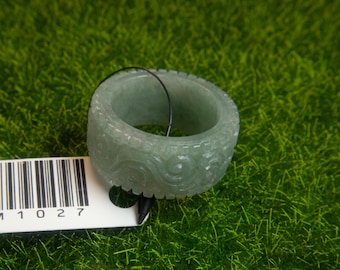 Handmade Green Jade Ring: Floral Carved Type A Jadeite, US Size 10