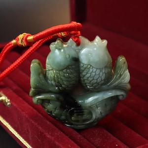 50.8MM Genuine Burmese  Jadeite Jade Carp Pendant Necklace, Deep Green and Black, Hand Carved | Feng Shui Gifts and Lucky Charms