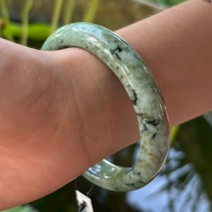 62Genuine Burmese Jadeite Jade Bracelet Light Green with Snow-Like White Marbling, Grade A Natural Stone, Untreated, Spiritual Lucky Charm