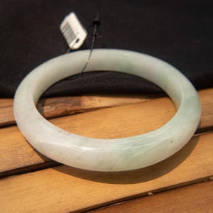 55mm Genuine Burmese Jade Authentic Bracelet – Premium Grade A Natural Jadeite Bangle Rare Peeled Apple Green-Ice White Colors–Moss in Snow