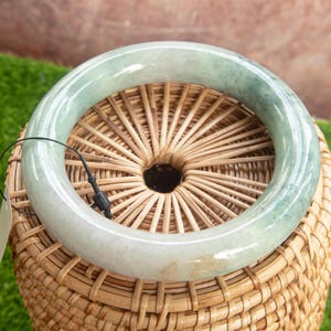 54.3MM Authentic Grade A Burmese Jade Bracelet Light Green & White Marble Pattern with Elegant Jadeite Pendant Bangle