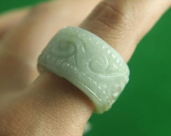 Hand-Carved Jadeite Jade Ring: Floral Details, Apple Green, Size 7
