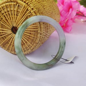 58MM Genuine Grade A Burmese  Jadeite Jade Bangle Bracelet – Light Green with White and Purple Marbling | Natural Untreated Spiritual Amulet