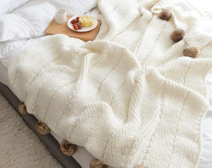 Icelandic Wool Throw Blanket: Nordic Pom Pom Bedspread