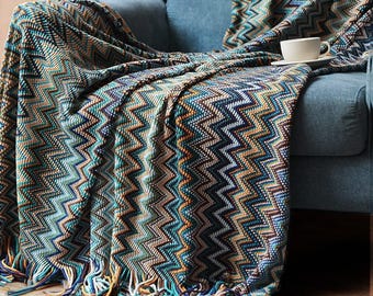 Boho Blanket, Boho Throw, Herringbone Blanket, Vibrant Blanket, Tassel, Quilt, Sofa Blanket, Bed Spread, Blanket for Bed, Colourful Throw