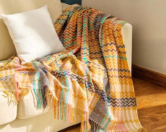 Boho Blanket, Boho Throw, Herringbone Blanket, Colourful Blanket, Tassels, Quilt, Sofa Blanket, Bed Spread, Blanket for Bed, Colourful Throw