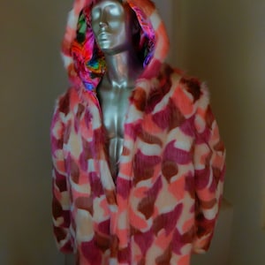 Burning Man faux Fur Coat -Psychedelic pink satin print in Pink and white faux fur Reversible light up coat option