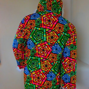 Burning Man Light Up Coat - Geometric - White faux fur Reversible coat with a psychedelic geometric cotton print interior Hand made in USA