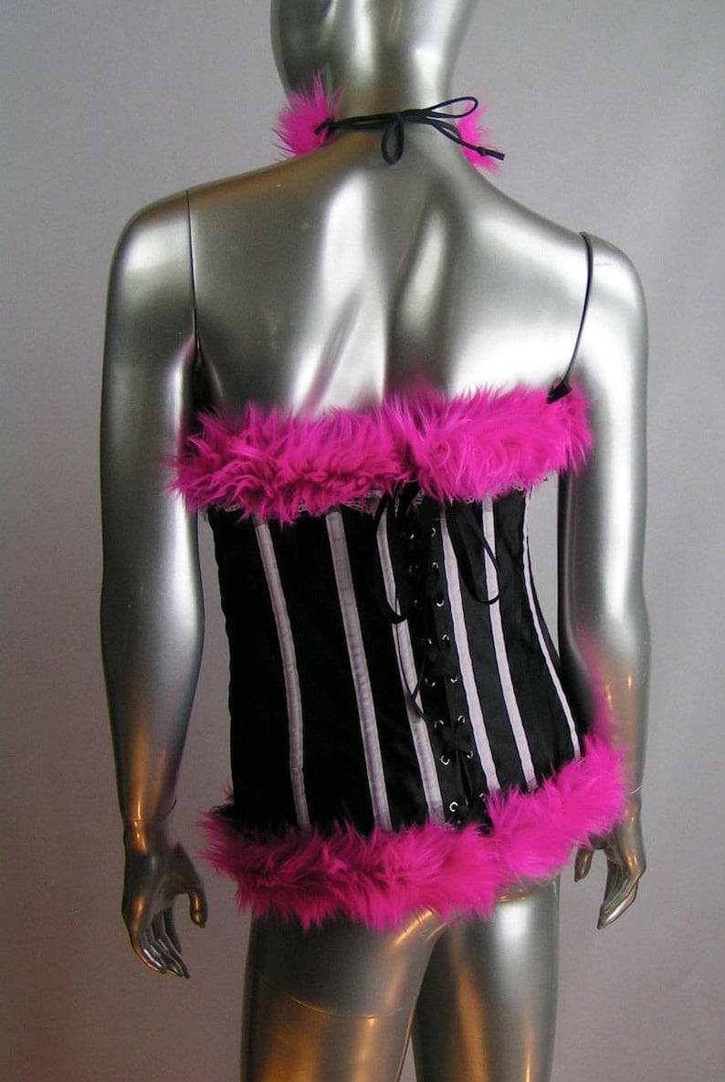 Faux Fur Trimmed Bustier Corset Top With Matching Faux Fur Choker Long