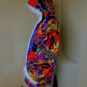 Burning Man Light Up Coat - Tomorrow Today  - White faux fur Reversible coat with a Barbarella action cotton print USA made