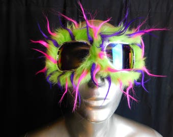 Lime Pink and Purrple Spike Furry Monster Dust Goggles   Great fur Burning Man!  - Furry Aviator Goggles - Lime Fur Motorcycle Goggles